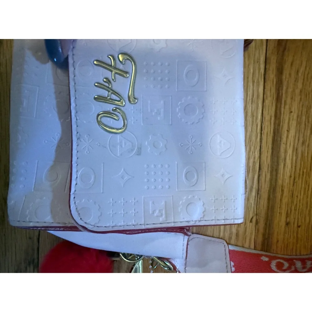 Kids White Embossed Logo Crossbody Bag with Red Strap and Pom Pom‎ Charm